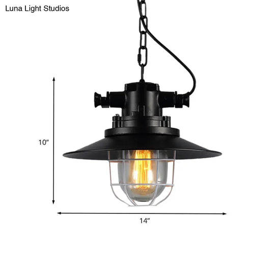 Vintage Industrial Metal Black Down Lighting Pendant Lamp With Caged Clear Glass Shade