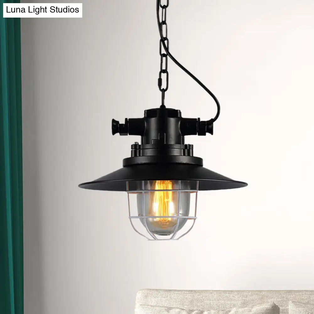 Vintage Industrial Metal Black Down Lighting Pendant Lamp With Caged Clear Glass Shade