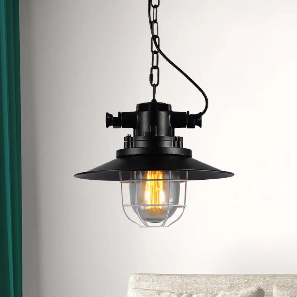 Vintage Industrial Black Metal Pendant Light With Clear Glass Shade