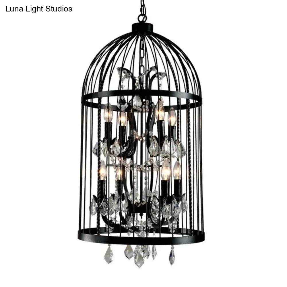 Vintage Industrial Black Metal Pendant Light With Crystal Deco - Multi Birdcage Hanging Design