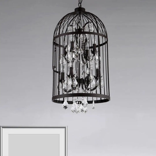 Vintage Industrial Black Metal Pendant Light With Crystal Deco - Multi Birdcage Hanging Design