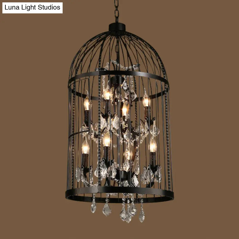 Vintage Industrial Black Metal Pendant Light With Crystal Accents - Multi Birdcage Hanging Design