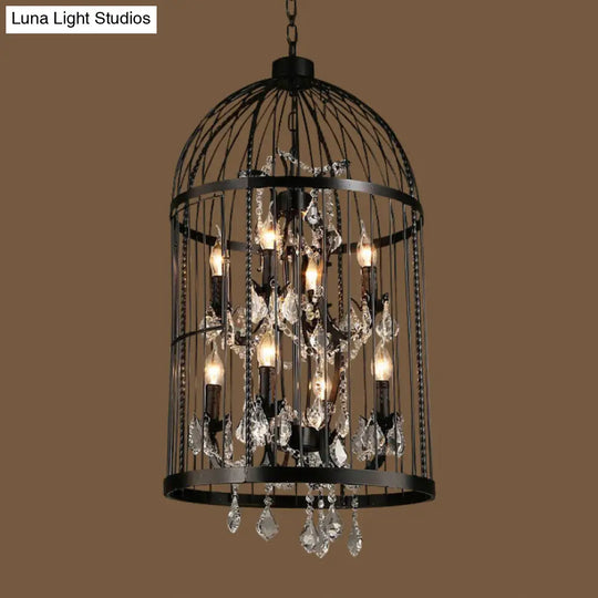 Vintage Industrial Black Metal Pendant Light With Crystal Accents - Multi Birdcage Hanging Design