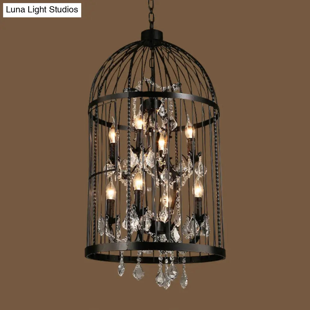 Vintage Industrial Black Metal Pendant Light With Crystal Deco - Multi Birdcage Hanging Design