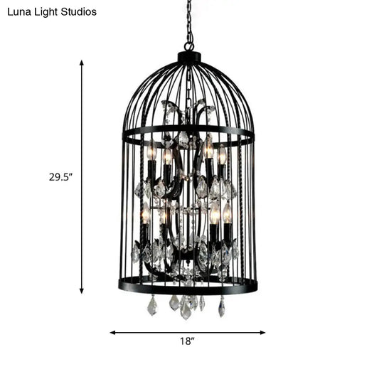 Vintage Industrial Black Metal Pendant Light With Crystal Deco - Multi Birdcage Hanging Design