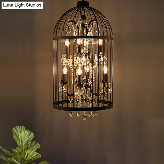 Vintage Industrial Black Metal Pendant Light With Crystal Accents - Multi Birdcage Hanging Design