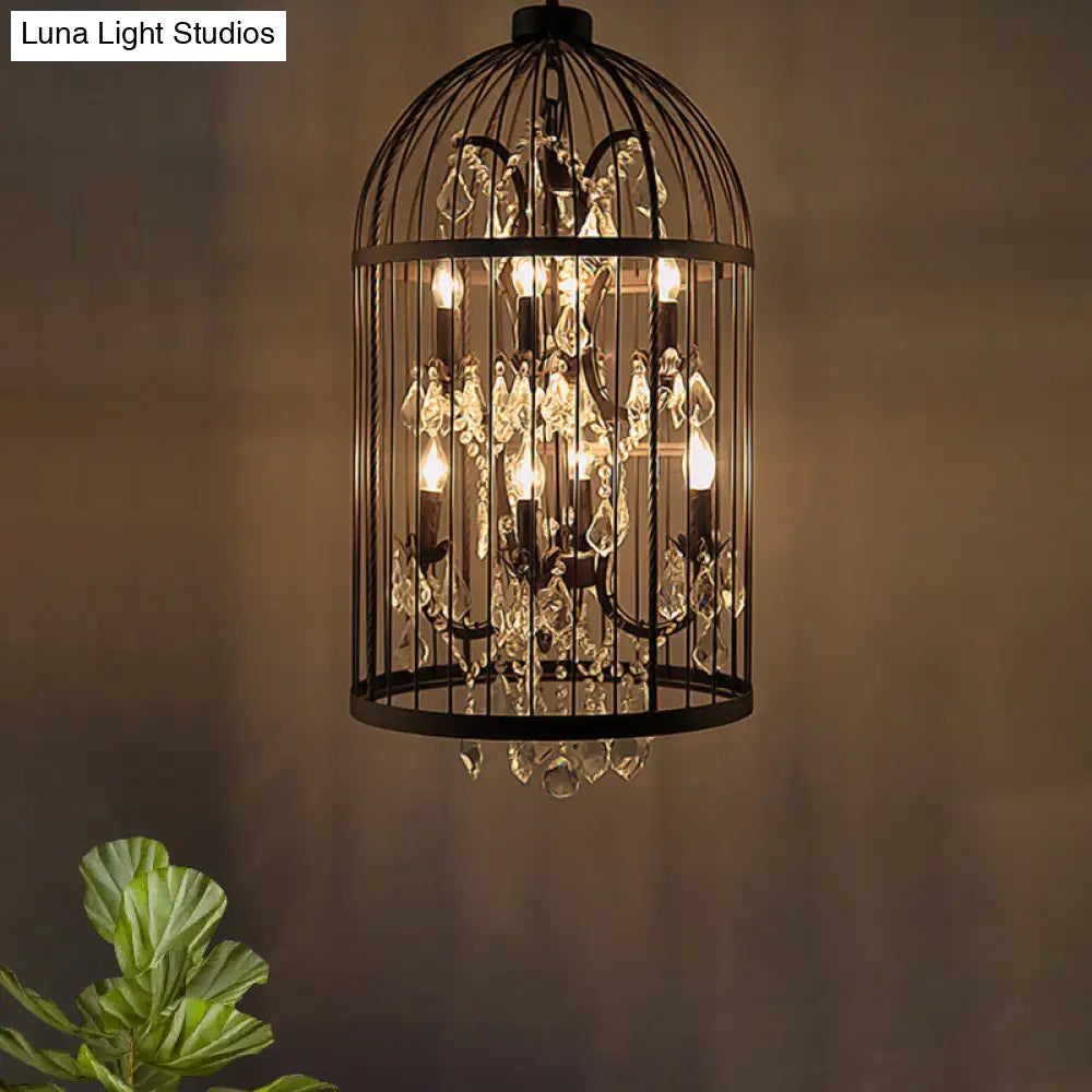 Vintage Industrial Black Metal Pendant Light With Crystal Deco - Multi Birdcage Hanging Design