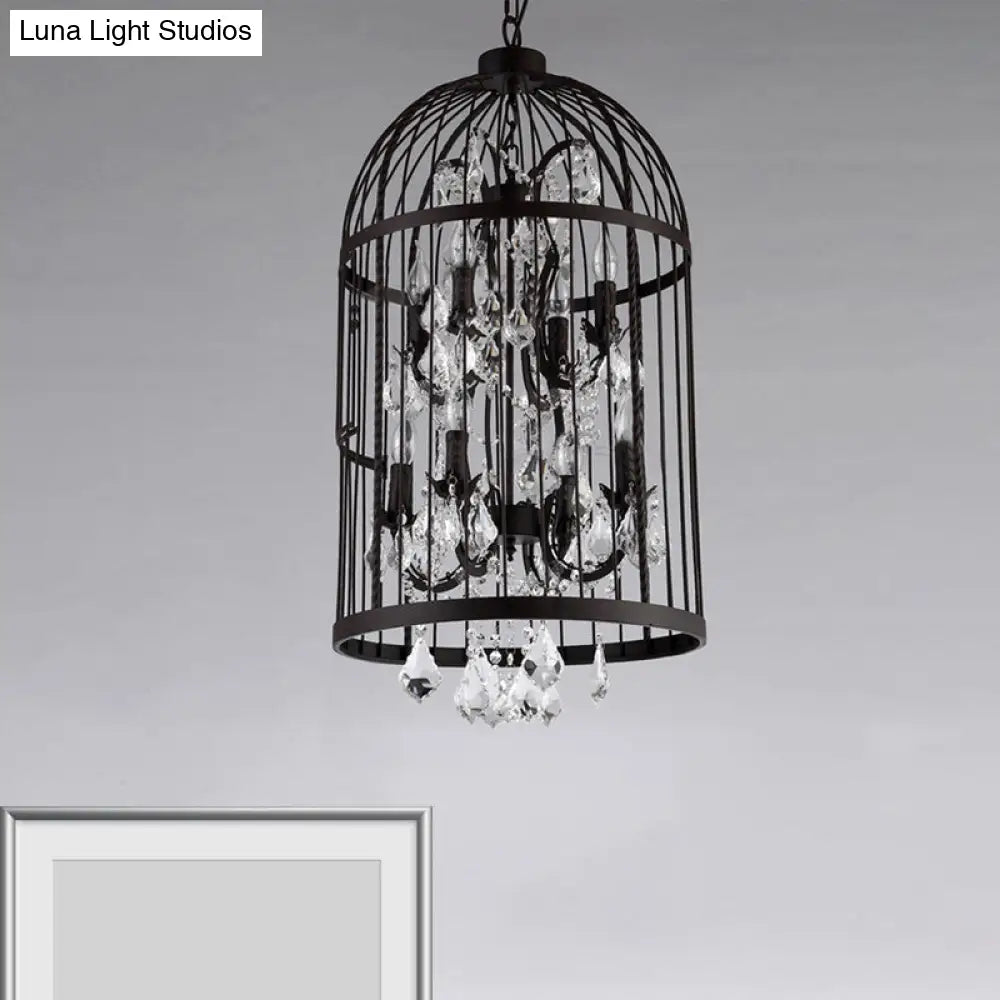 Vintage Industrial Black Metal Pendant Light With Crystal Accents - Multi Birdcage Hanging Design