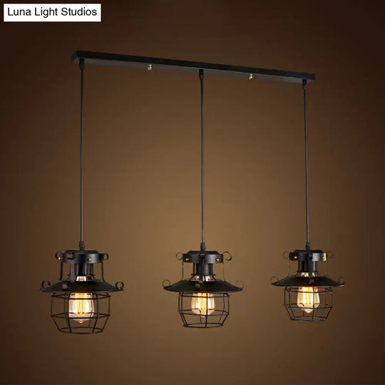 Vintage Industrial Pendant Light With Dome Cage Shade - 3-Light Hanging Lamp Black Finish / Linear