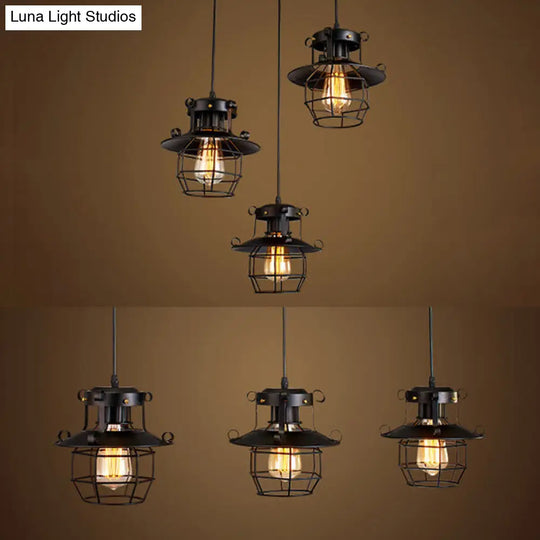 Vintage Industrial Pendant Light With Dome Cage Shade - 3-Light Hanging Lamp Black Finish