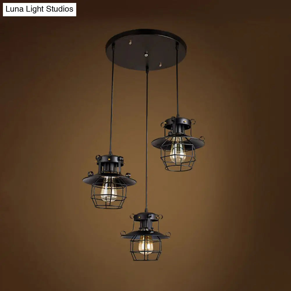 Vintage Industrial Black Metal Pendant Light With Dome Cage Shade And 3 Hanging Lights