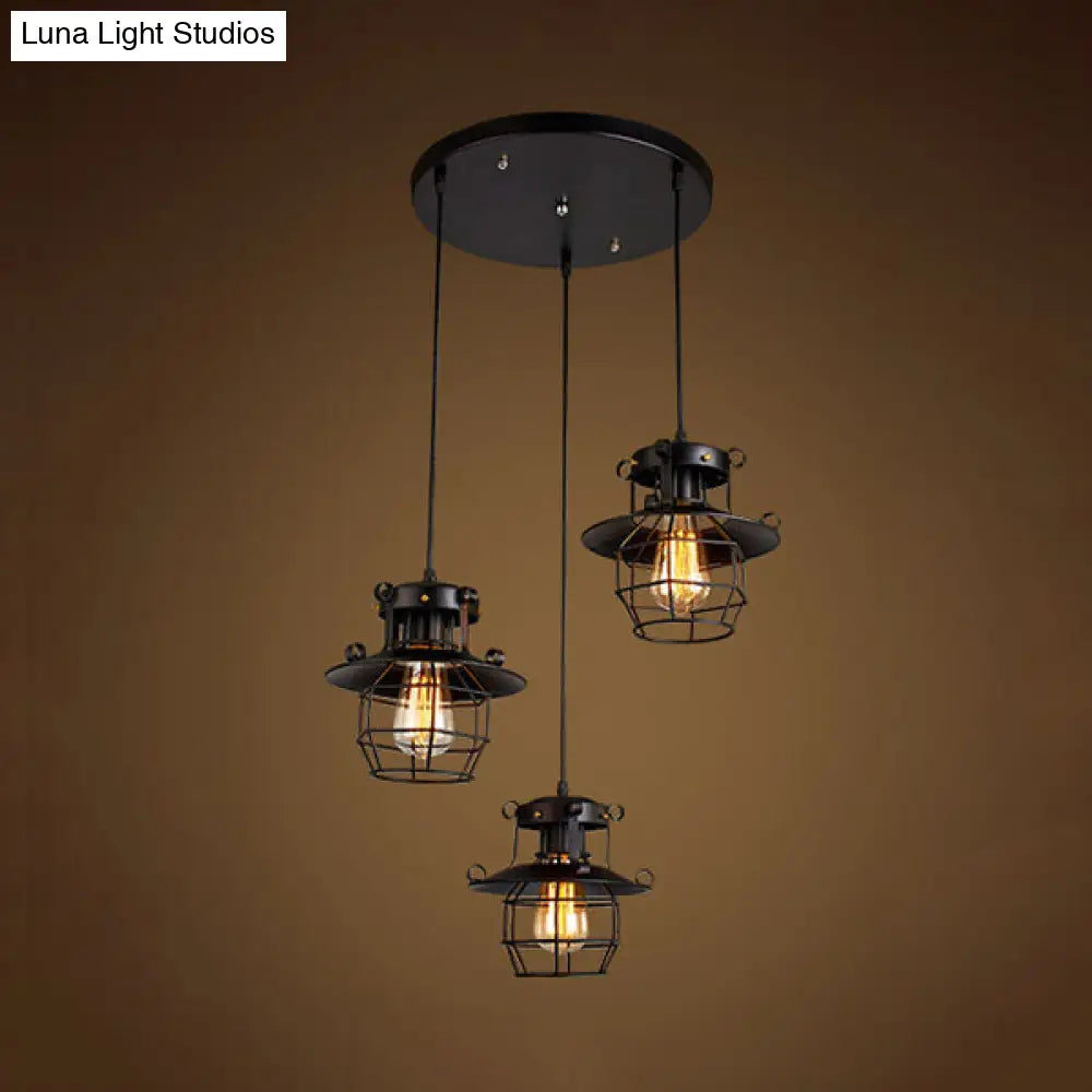 Vintage Industrial Pendant Light With Dome Cage Shade - 3-Light Hanging Lamp Black Finish / Round