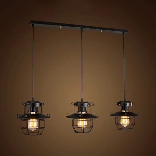 Vintage Industrial Black Metal Pendant Light With Dome Cage Shade And 3 Hanging Lights / Linear