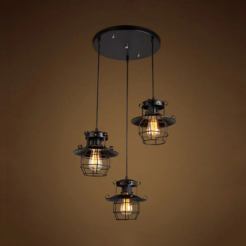 Vintage Industrial Black Metal Pendant Light With Dome Cage Shade And 3 Hanging Lights / Round