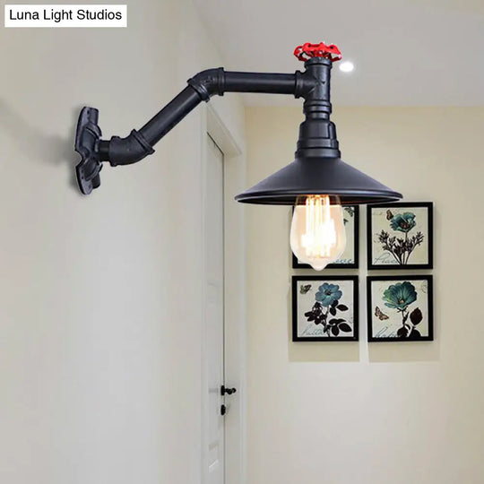 Vintage Industrial Black Metal Wall Lamp Sconce - 1 Head Pipe Light Cone Shade & Valve