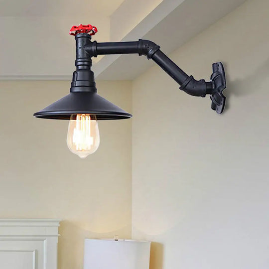 Vintage Industrial Black Metal Wall Lamp Sconce - 1 Head Pipe Light Cone Shade & Valve