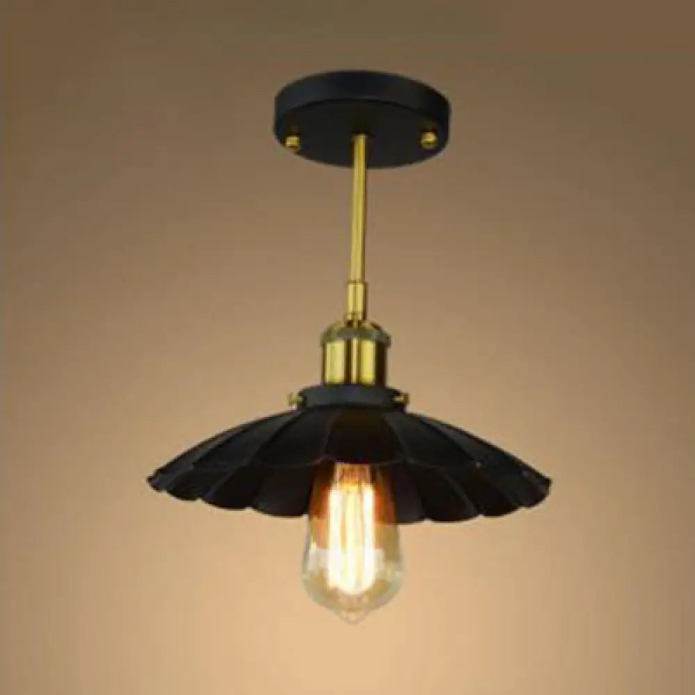 Vintage Industrial Black Scalloped Semi Flush Mount Metal Ceiling Fixture With 1 Light