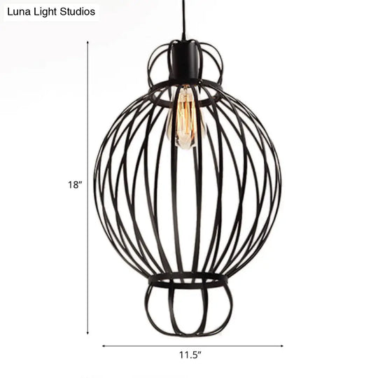 Vintage Industrial Black Wire Cage Pendant Lamp - 1 Light Hanging Fixture With Lantern Design For