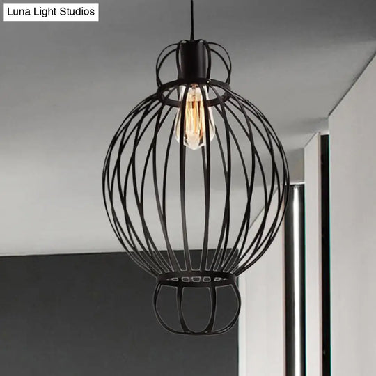 Vintage Industrial Black Wire Cage Pendant Lamp With Lantern Design - Restaurant Hanging Light