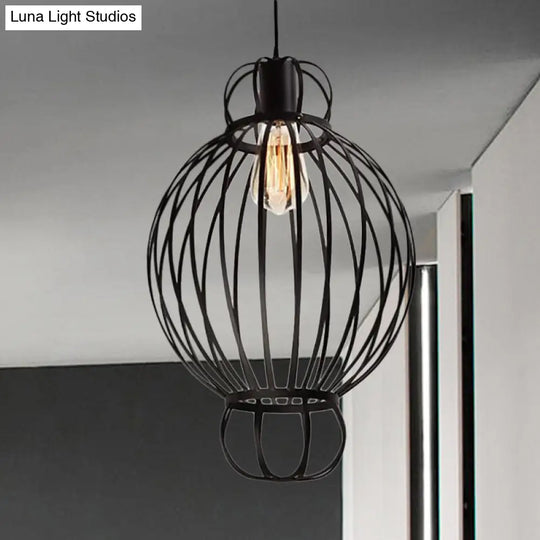Vintage Industrial Black Wire Cage Pendant Lamp - 1 Light Hanging Fixture With Lantern Design For