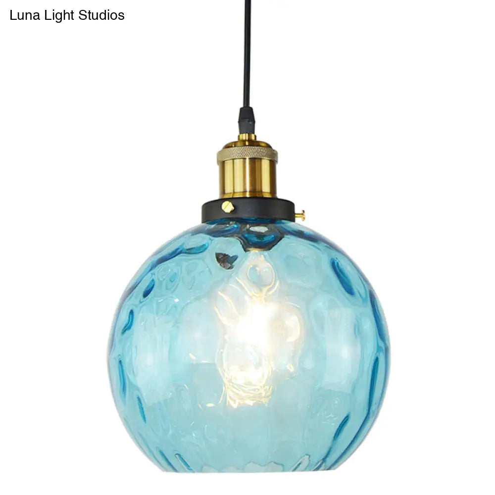 Vintage Industrial Blue Pendant Lamp With Spherical Ripple Glass - Ideal For Living Room