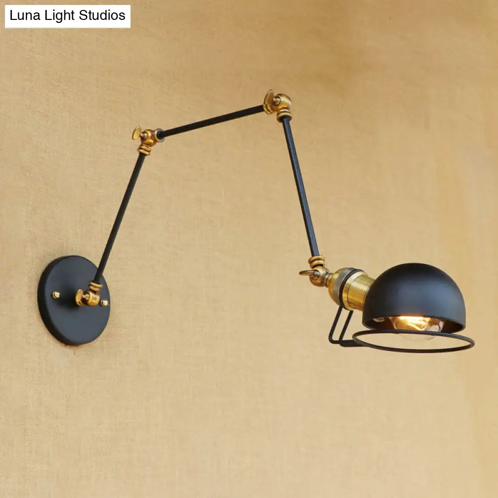 Vintage Industrial Bowl Wall Lamp With Swing Arm - 1-Light Iron Sconce Light Fixture In Black/Brass