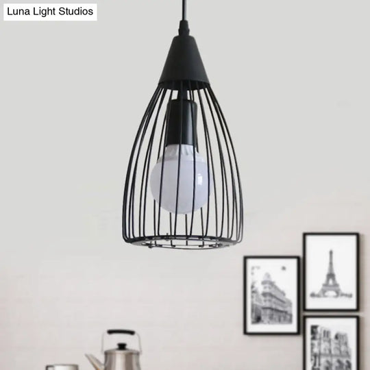 Vintage Industrial Conical Caged Metal Ceiling Light - Black Finish Restaurant Hanging Fixture