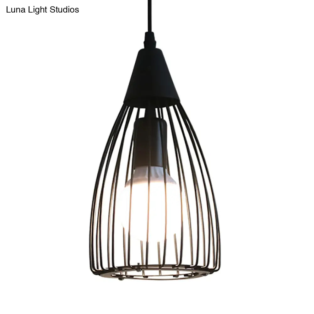 Vintage Industrial Conical Caged Metal Ceiling Light - Black Finish Restaurant Hanging Fixture