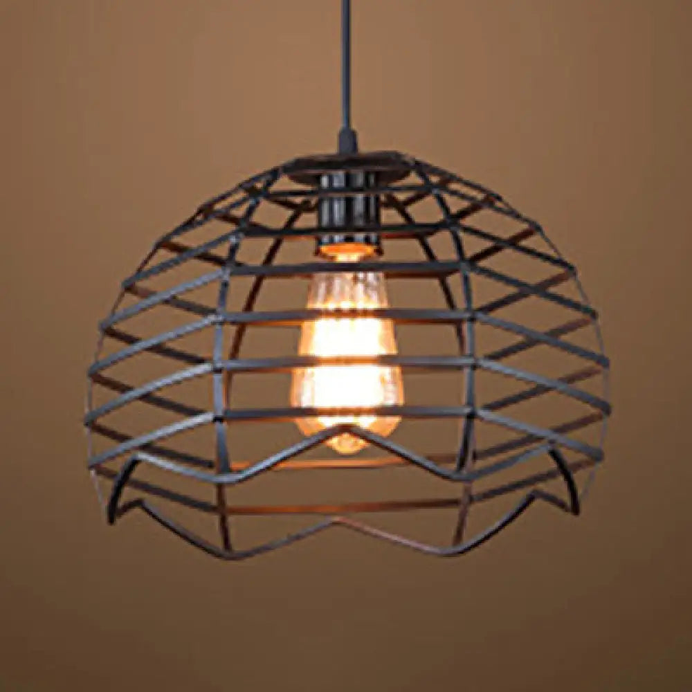 Vintage Industrial Dome Caged Pendant - Black Metal Kitchen Lamp