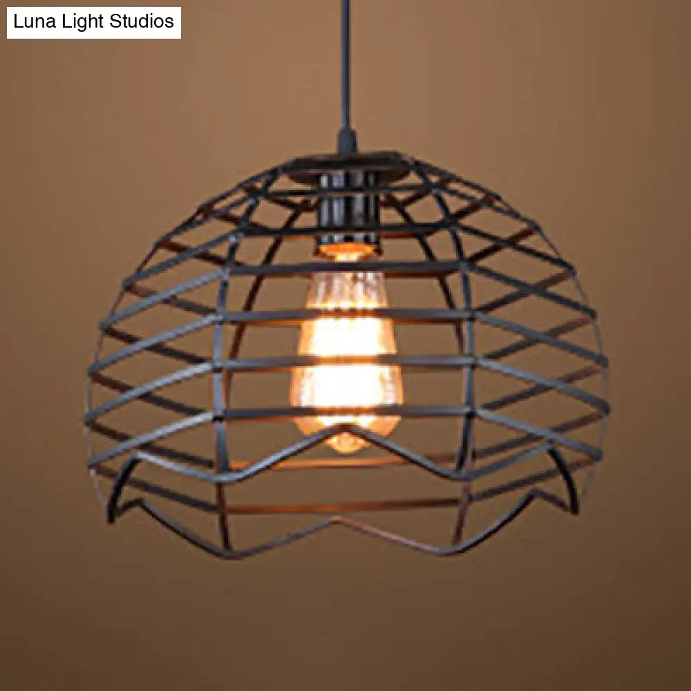 Vintage Industrial Dome Caged Pendant Light - Black Hanging Lamp With Metallic Finish: Perfect For