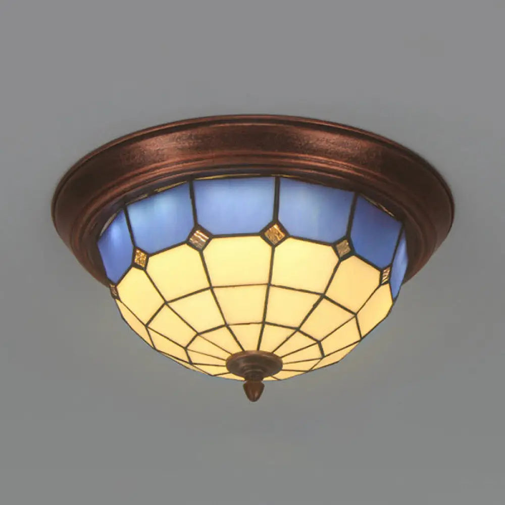 Vintage Industrial Dome Flushmount Ceiling Light With Stained Glass In White/Clear/Blue White