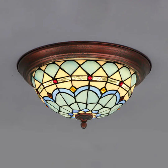 Vintage Industrial Dome Flushmount Ceiling Light With Stained Glass In White/Clear/Blue Blue