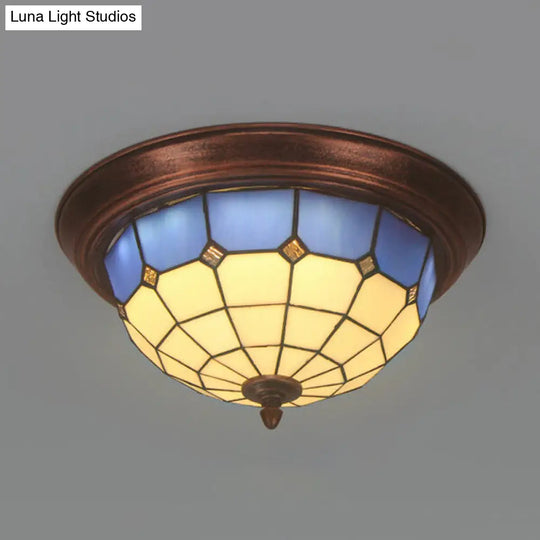 Vintage Industrial Dome Flushmount Ceiling Light With Stained Glass In White/Clear/Blue White