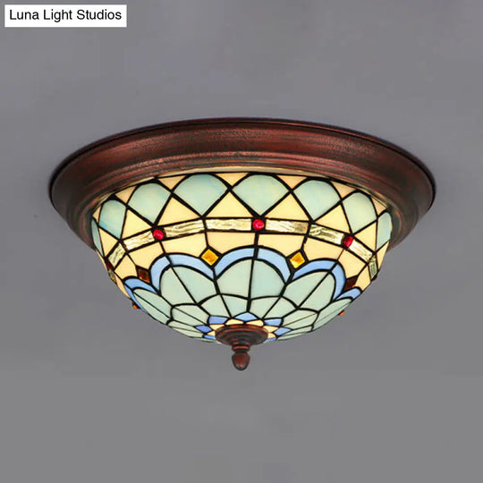 Vintage Industrial Dome Flushmount Ceiling Light With Stained Glass In White/Clear/Blue Blue
