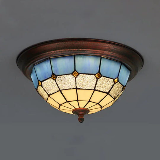 Vintage Industrial Dome Flushmount Ceiling Light With Stained Glass In White/Clear/Blue Clear