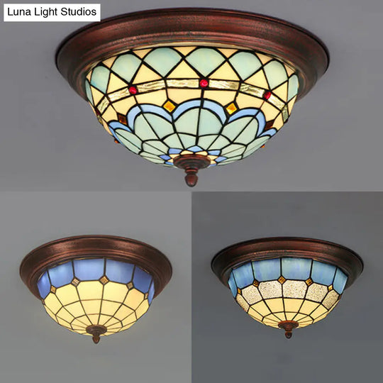Vintage Industrial Dome Flushmount Ceiling Light With Stained Glass In White/Clear/Blue