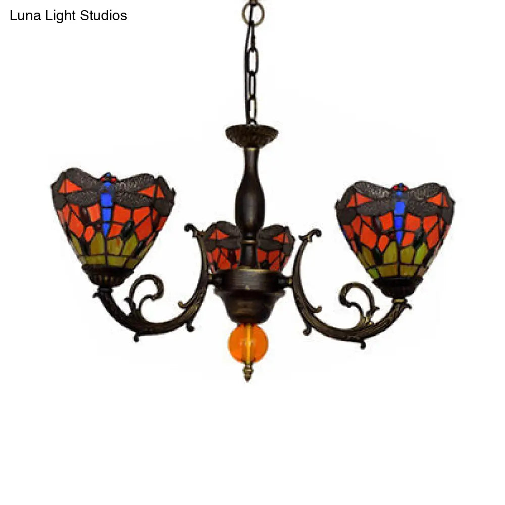 Red Conic Hanging Light: Vintage Industrial Chandelier Stained Glass Dragonfly Design 3 Lights