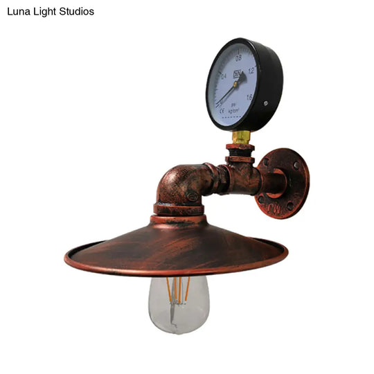 Vintage Industrial Flared Wall Sconce Lamp With Gauge Deco - Black/Copper Metallic