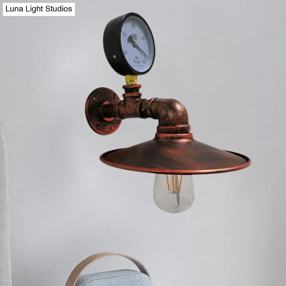 Vintage Industrial Flared Wall Sconce Lamp With Gauge Deco - Black/Copper Metallic