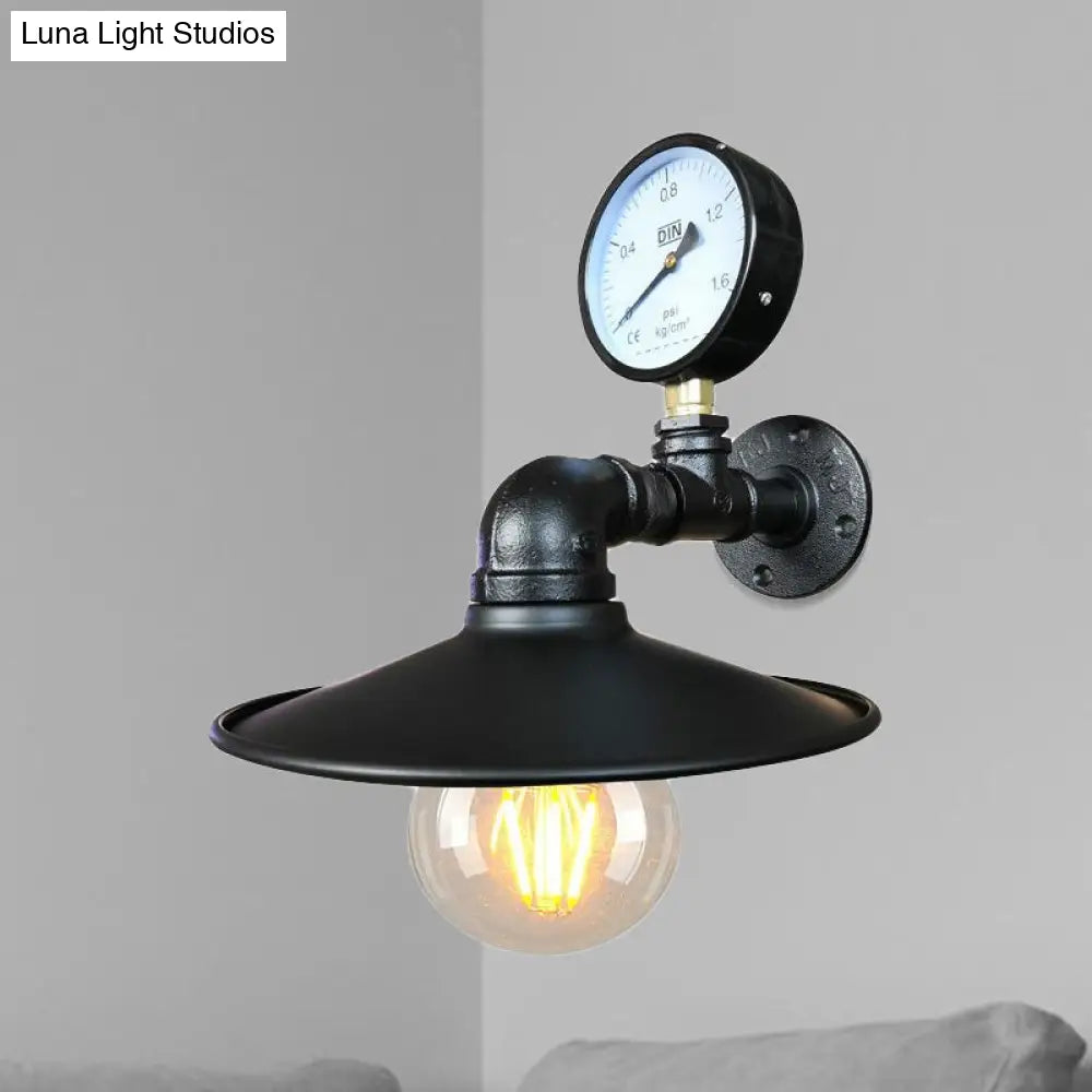 Vintage Industrial Flared Wall Sconce Lamp With Gauge Deco - Black/Copper Metallic