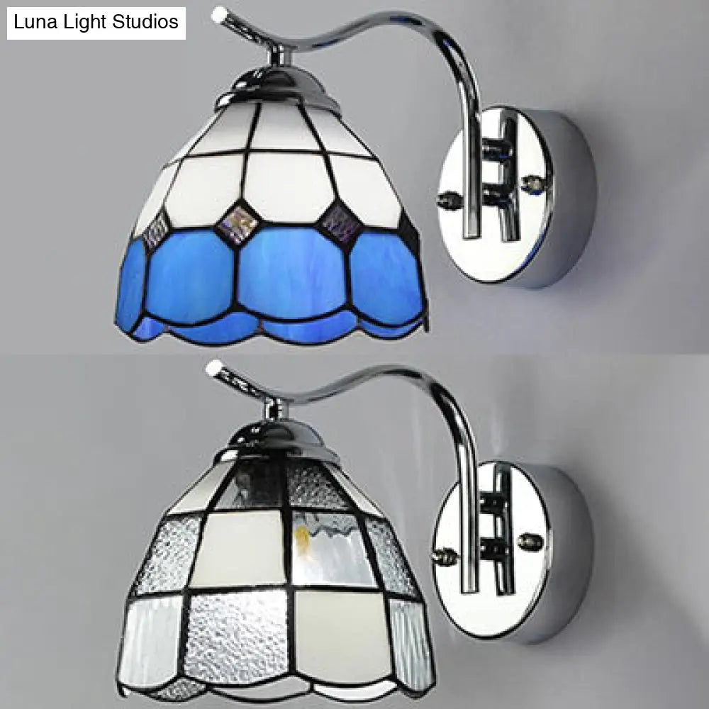 Vintage Industrial Gooseneck Wall Sconce With Stained Glass Clear/Blue Lighting