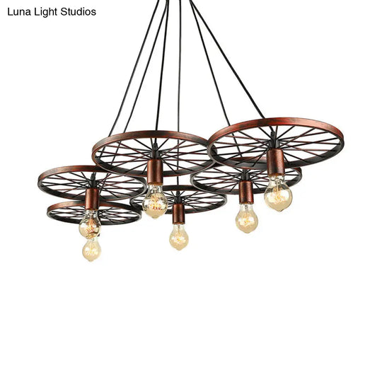 Industrial Black/Rust Metal Hanging Light With Vintage Bare Bulb Design - 3/6/8 Heads Ceiling