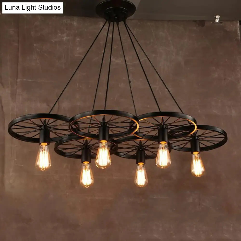 Vintage Industrial Hanging Light With Wheel Design And Multiple Heads - Black/Rust Metal Ceiling