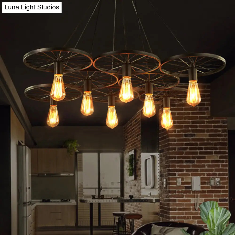 Industrial Black/Rust Metal Hanging Light With Vintage Bare Bulb Design - 3/6/8 Heads Ceiling