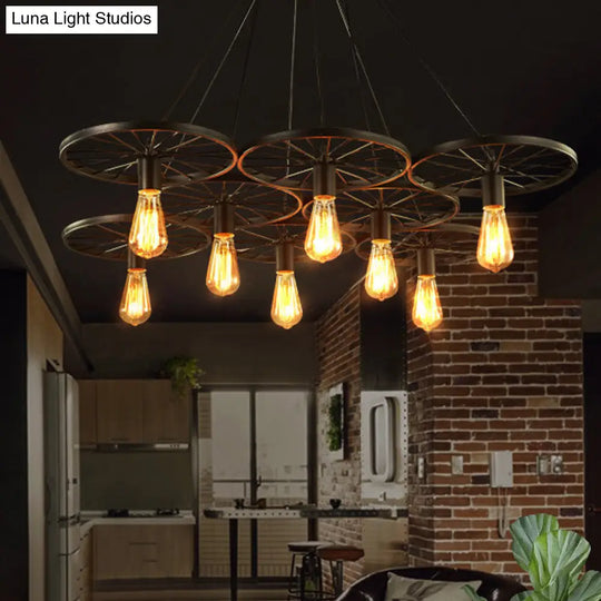 Industrial Black/Rust Metal Hanging Light With Vintage Bare Bulb Design - 3/6/8 Heads Ceiling