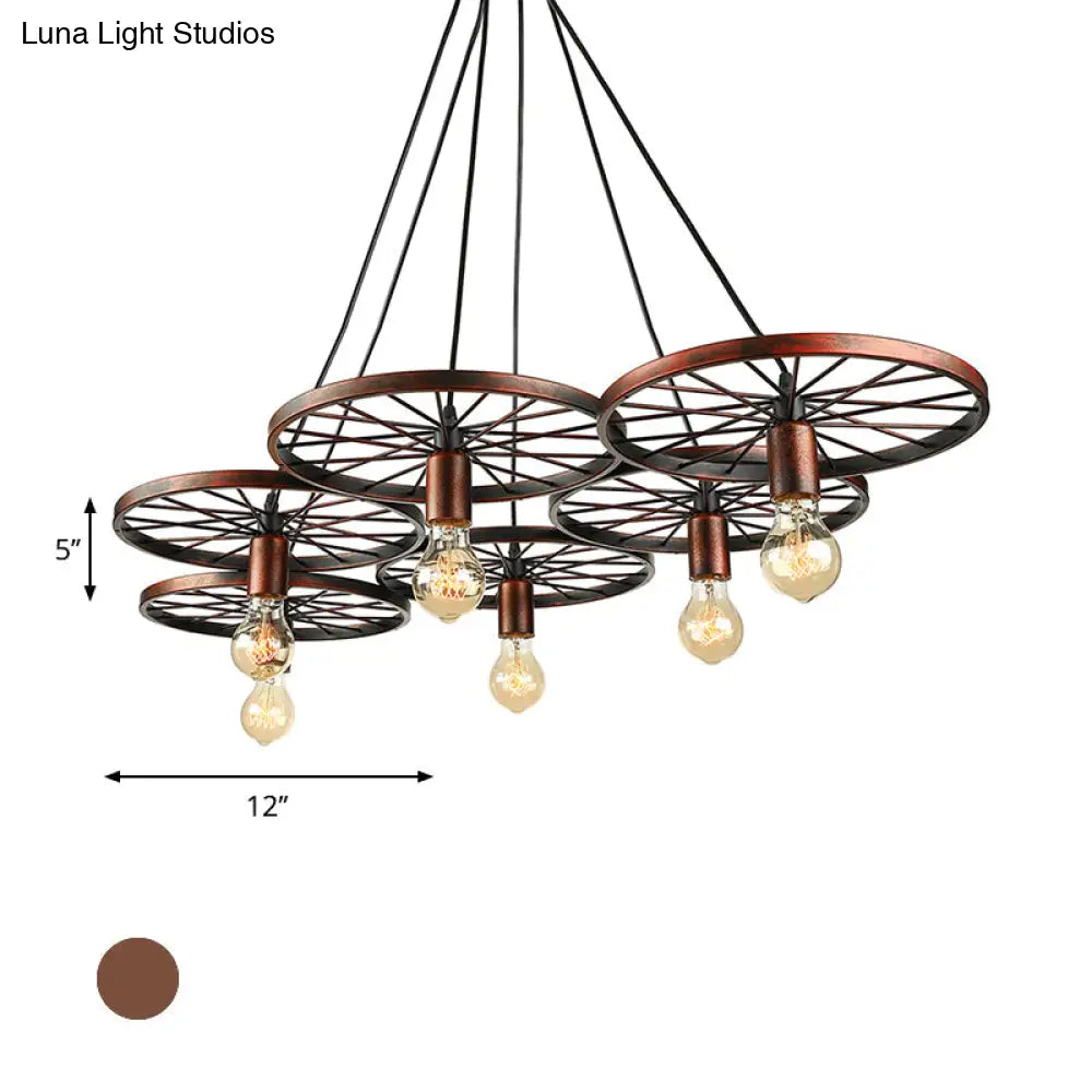 Vintage Industrial Hanging Light With Wheel Design And Multiple Heads - Black/Rust Metal Ceiling