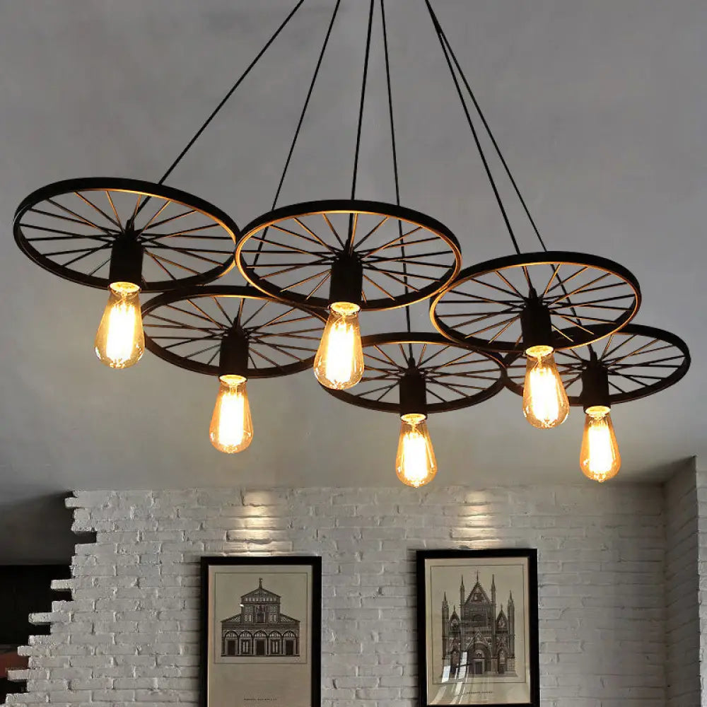 Vintage Industrial Hanging Light With Wheel Design And Multiple Heads - Black/Rust Metal Ceiling