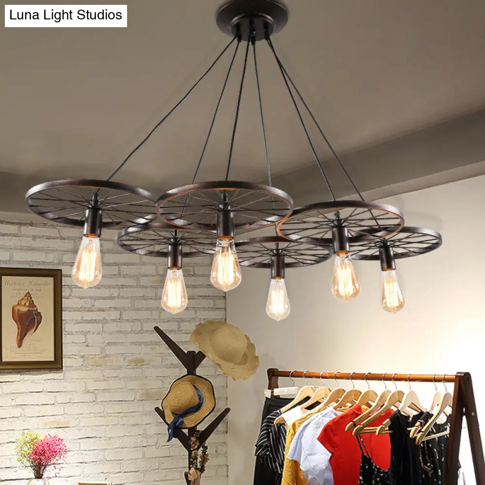 Industrial Black/Rust Metal Hanging Light With Vintage Bare Bulb Design - 3/6/8 Heads Ceiling