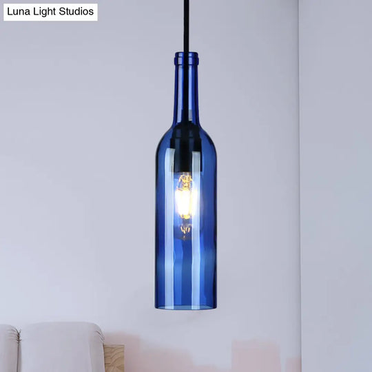 Vintage Industrial Hanging Pendant Light With Wine Bottle Shade - Glass Brown/Blue 1