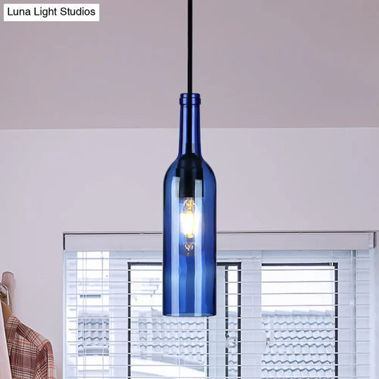 Vintage Industrial Hanging Pendant Light With Glass Brown/Blue Suspended Lamp Wine Bottle Shade